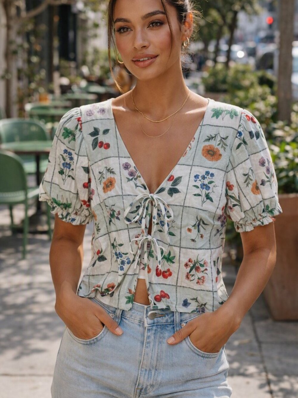 INDUSTRY White Floral Tie-Front Puff Sleeve Blouse